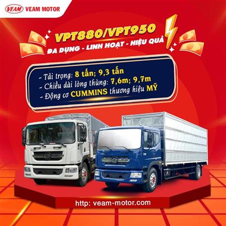 VPT950 9.5 tấn, thùng bạt dài 7.6m & thùng kín 7.8m , động cơ Cummins ISD 180 43 tiêu chuẩn EURO 4